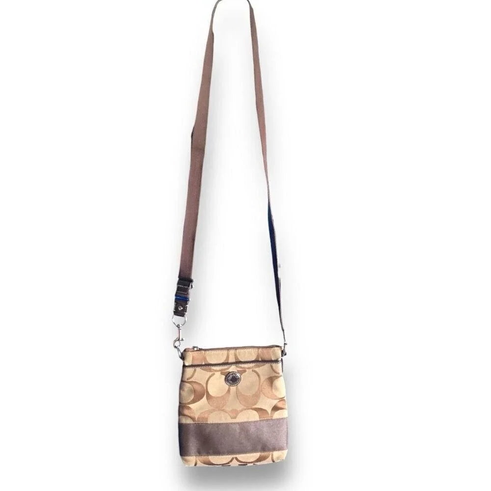 Coach Signature Monogram Canvas Crossbody Bag Brown Khaki Y2K Flat Messenger